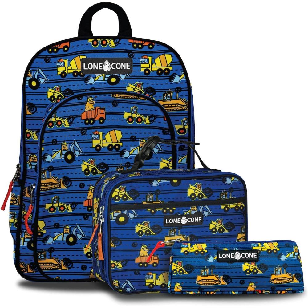imageLone Cone Kids Backpacks for Boys ampamp Girls Sizes for Preschool Through Elementary Construction Monsters Kit 15quot Backpack wLunch Box  Boy Bookbag with Lunch Box