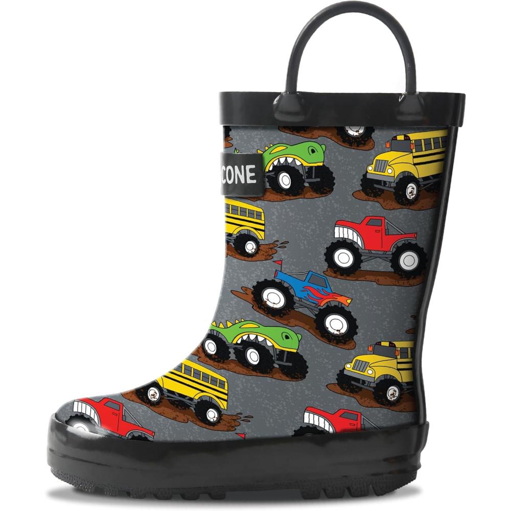 imageLone Cone Kids Rain Boots for Girls ampamp Boys  Waterproof Natural Rubber Toddler Rain Boots with NonSlip Outsole ampamp Easy Pull Handles  Solid Pattern ampamp Glitter Designs19  Monster Truck Rally