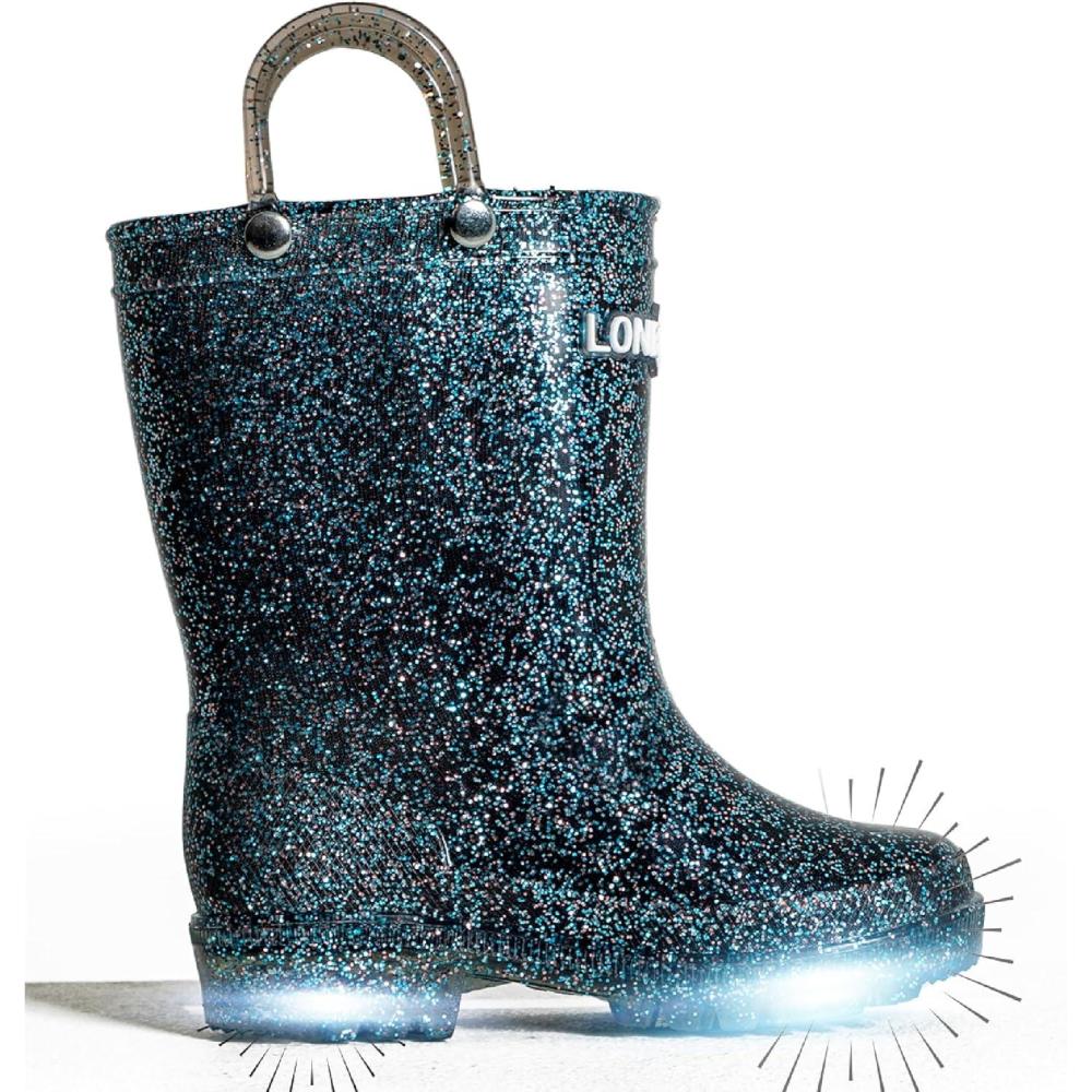 imageLone Cone Kids Rain Boots for Girls ampamp Boys Waterproof Natural Rubber Toddler Rain Boots with NonSlip Outsole ampamp Easy Pull Handles Solid Pattern ampamp Glitter Designs35 Galaxy Glitter Lightup