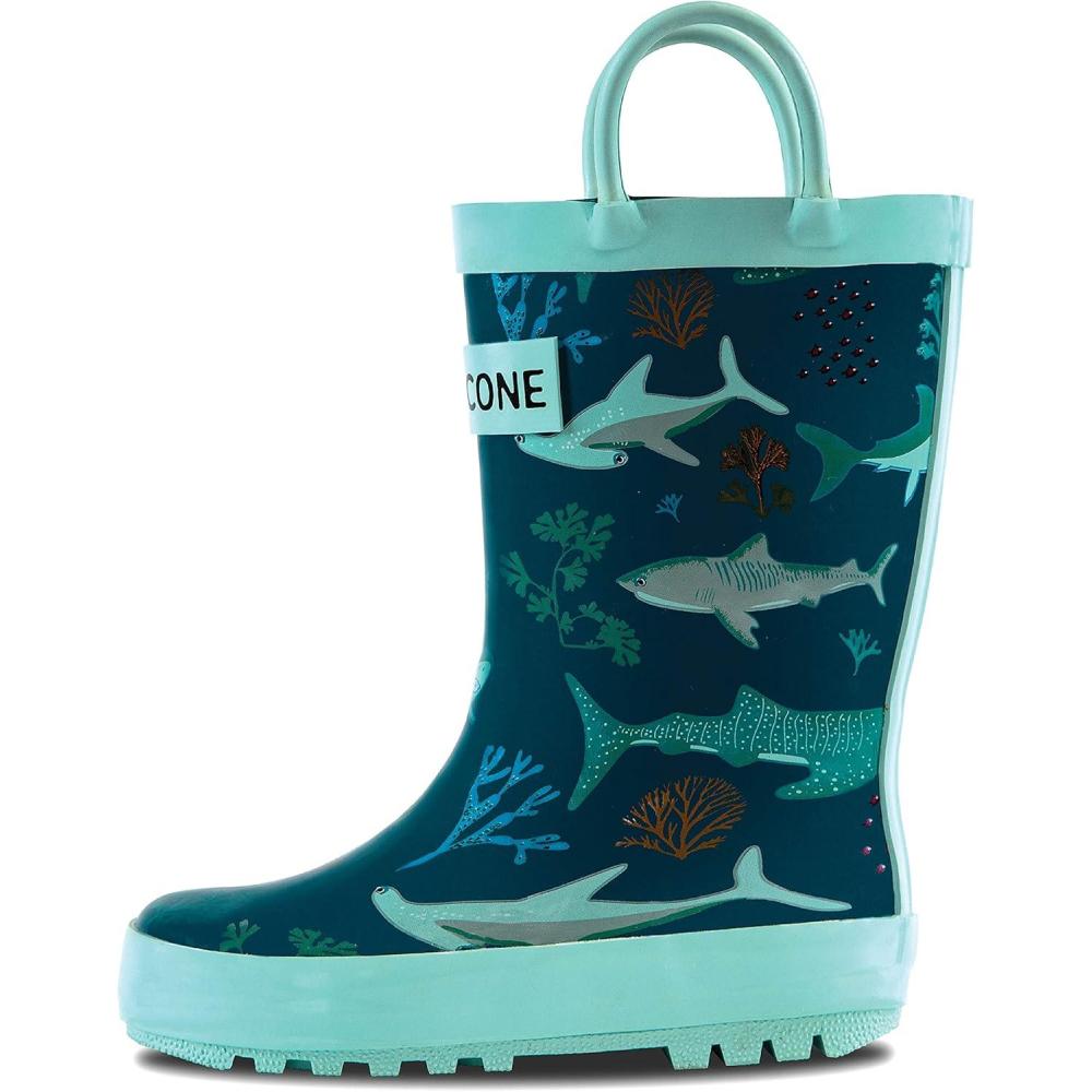 imageLone Cone Kids Rain Boots for Girls ampamp Boys  Waterproof Natural Rubber Toddler Rain Boots with NonSlip Outsole ampamp Easy Pull Handles  Solid Pattern ampamp Glitter Designs12  Shark Attack  Turquoise Trim