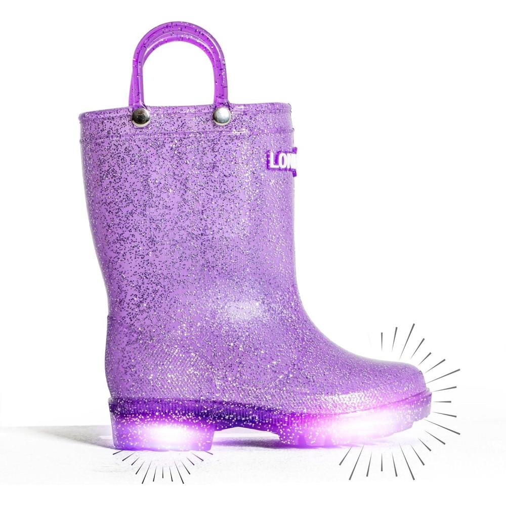 imageLone Cone Kids Rain Boots for Girls ampamp Boys Waterproof Natural Rubber Toddler Rain Boots with NonSlip Outsole ampamp Easy Pull Handles Solid Pattern ampamp Glitter Designs33 Purple Nova Glitter Lightup
