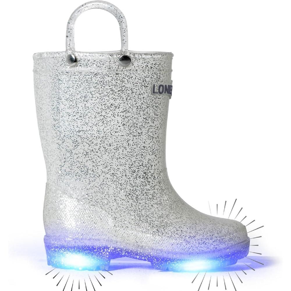 imageLone Cone Kids Rain Boots for Girls ampamp Boys Waterproof Natural Rubber Toddler Rain Boots with NonSlip Outsole ampamp Easy Pull Handles Solid Pattern ampamp Glitter Designs32 Moonbeam Glitter Lightup