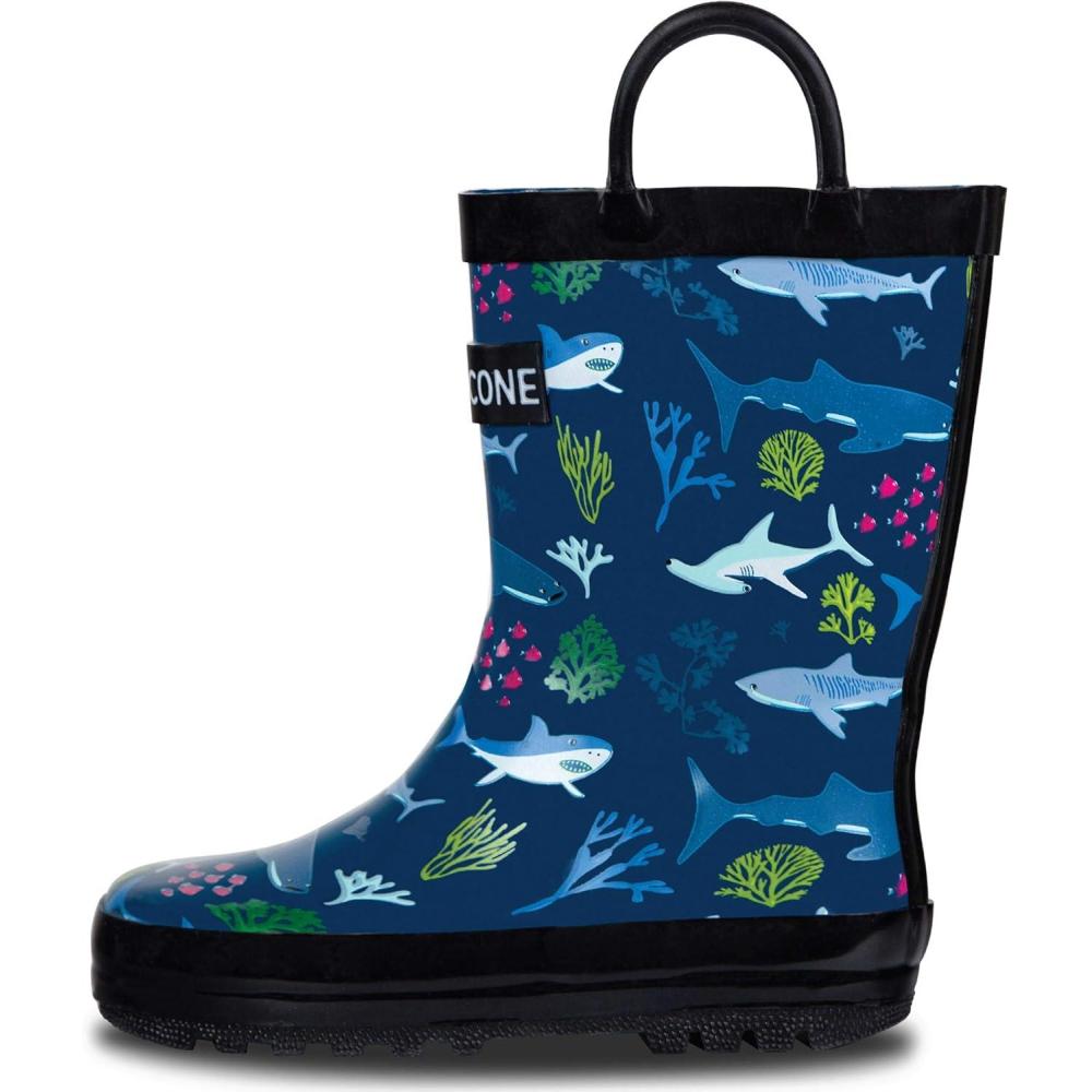 imageLone Cone Kids Rain Boots for Girls ampamp Boys Waterproof Natural Rubber Toddler Rain Boots with NonSlip Outsole ampamp Easy Pull Handles Solid Pattern ampamp Glitter Designs13 Shark Attack Black Trim