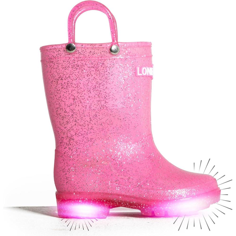imageLone Cone Kids Rain Boots for Girls ampamp Boys  Waterproof Natural Rubber Toddler Rain Boots with NonSlip Outsole ampamp Easy Pull Handles  Solid Pattern ampamp Glitter Designs34  Starburst Pink  Glitter  Lightup