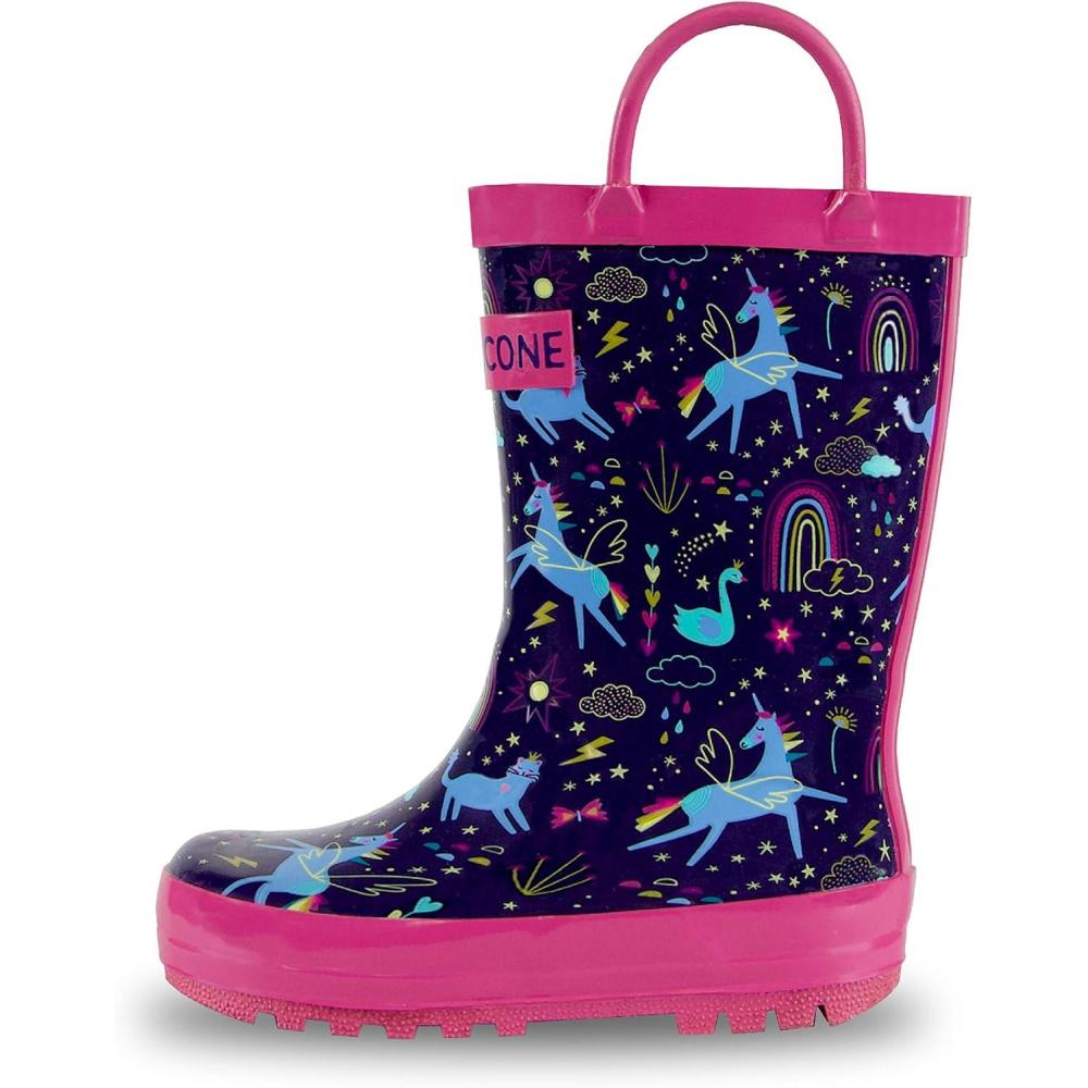 imageLone Cone Kids Rain Boots for Girls ampamp Boys Waterproof Natural Rubber Toddler Rain Boots with NonSlip Outsole ampamp Easy Pull Handles Solid Pattern ampamp Glitter Designs22 Unicorn Dreams